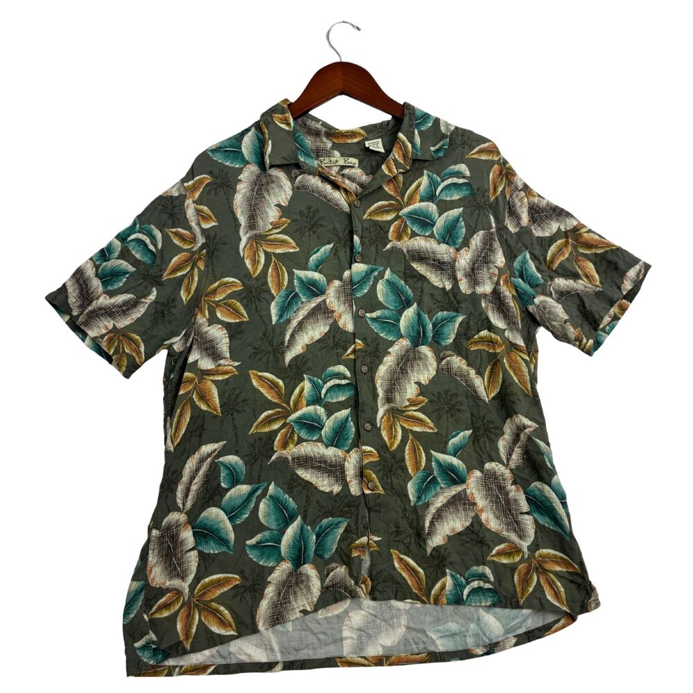 Botok Bay Mens XL Hawaiian Shirt Tropical Floral Rayon Olive Green Button Up